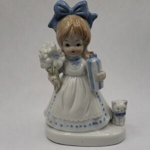 Enesco Vintage Girl with Flowers and Kitten Ceramic Figurine
